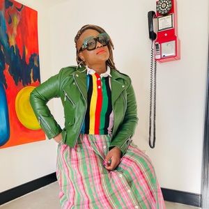 Green 100% Leather moto-jacket Slim fit EXCELLENT CONDITION